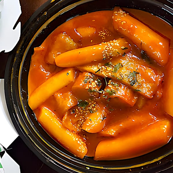 Close-up of Dagiya's Korean tteokbokki, rice cakes and fish cakes in a spicy red sauce.
