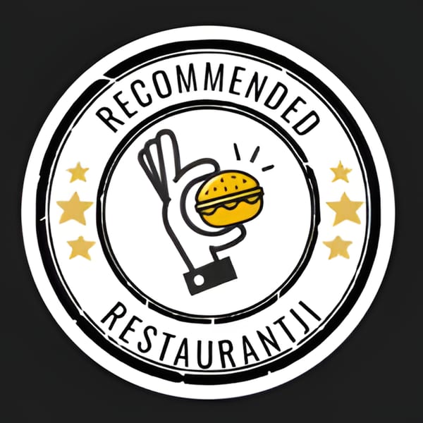 A circular white and black logo with "Recommended Restaurantji" text and a hand holding a burger.