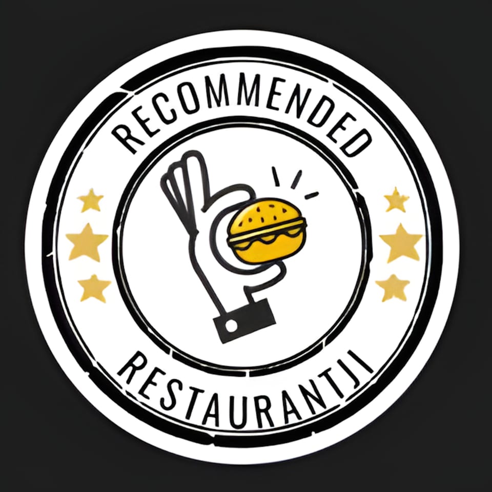 A circular white and black logo with "Recommended Restaurantji" text and a hand holding a burger.