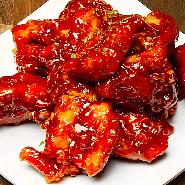 Close-up of Dagiya's Korean fried chicken, coated in glossy red sauce and sprinkled with herbs.